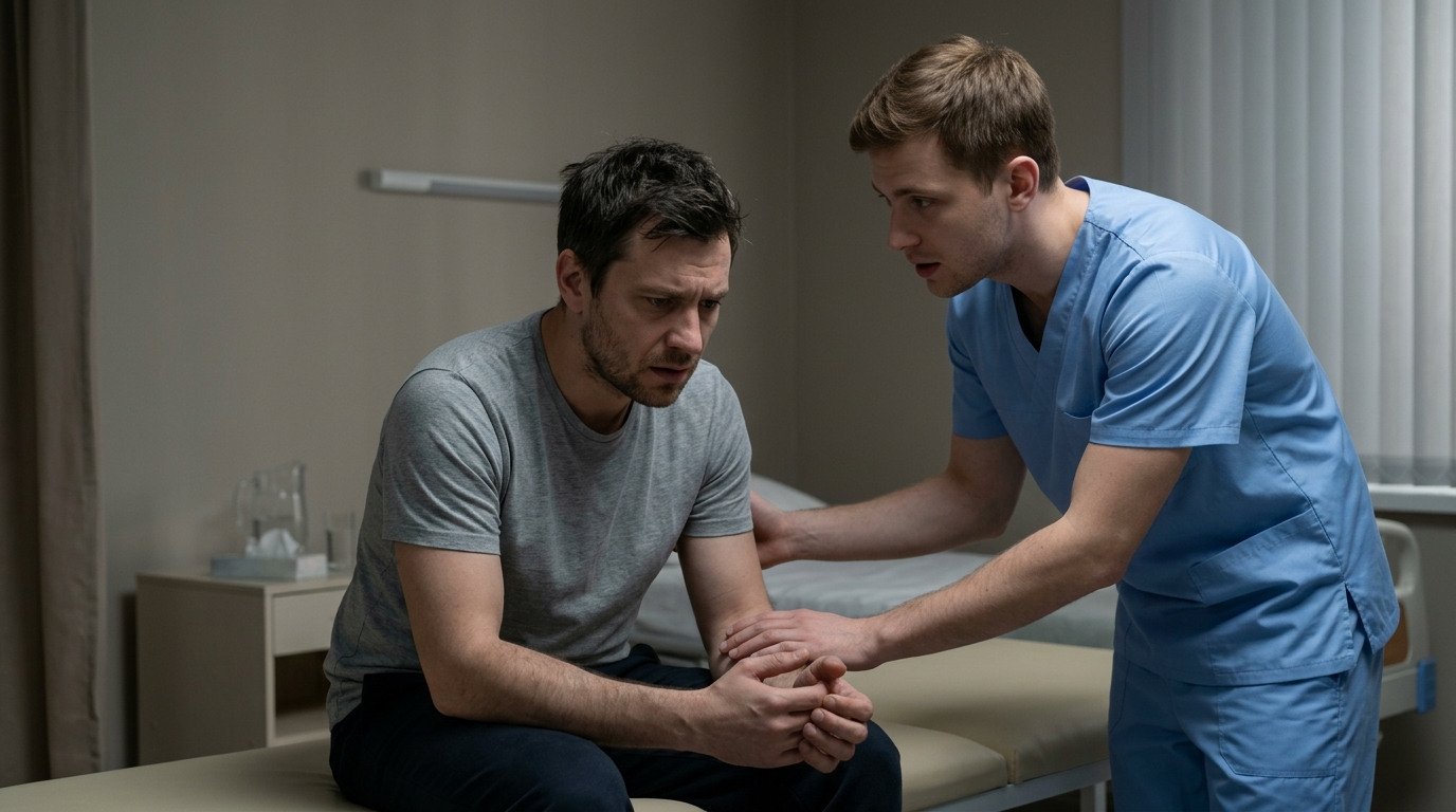 Медбрат поддерживает пациента при остром возбуждении во время амфетаминового лечения